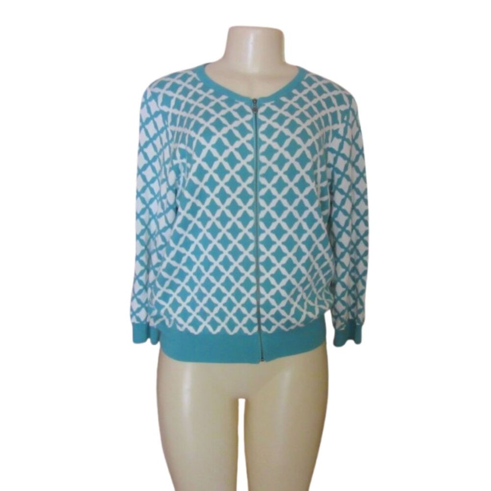 Boden Turquoise/White Geometric Full Zip Cardigan w 3/4 Sleeves US 14